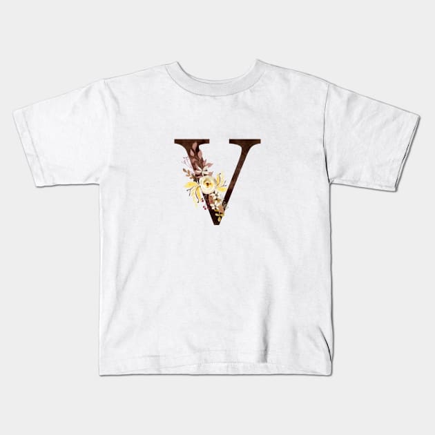 Floral Monogram V Lovely Autumn Foliage Kids T-Shirt by floralmonogram